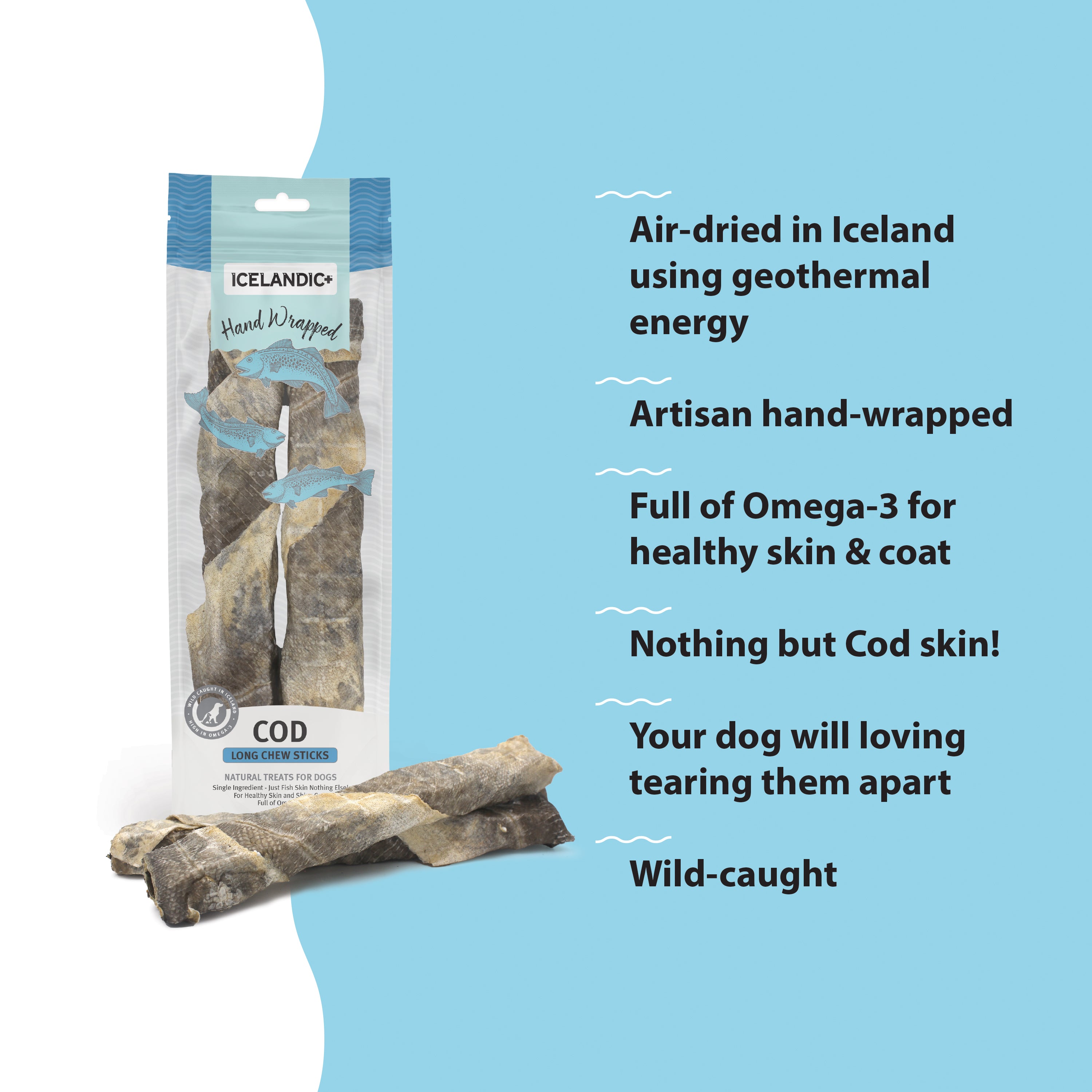 Hand Wrapped Cod Skin Long 10" Chew Sticks for Dogs