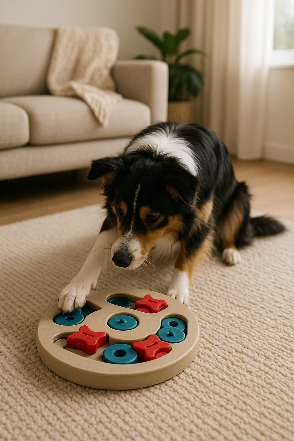 Australian shepherd playing with dog puzzle toy