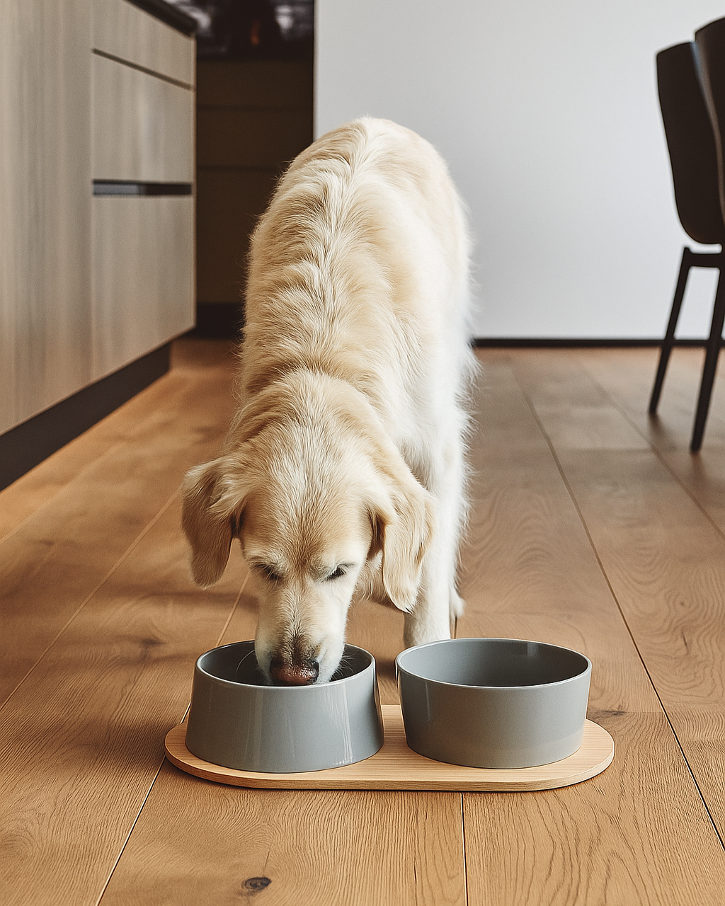 Lab eating dog food kibble food bowl dish