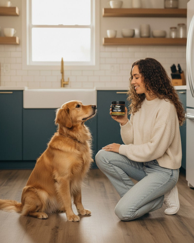 Woman in a kitchen with a dog, holding a jar of Super Snouts CBD dog supplements.