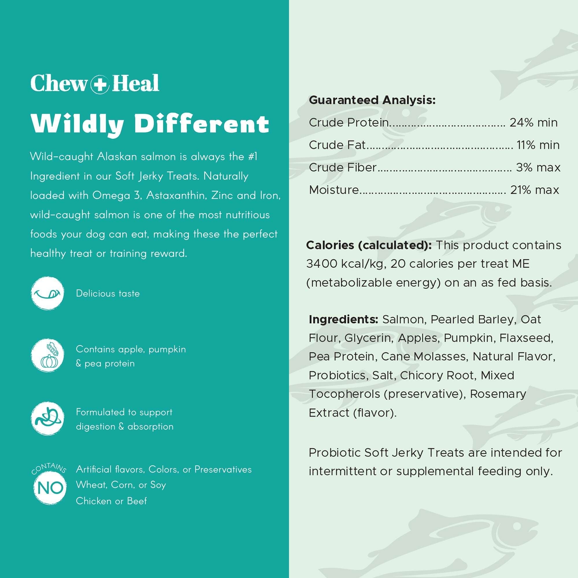 Chew + Heal Wild Alaskan Probiotics Digestive Aid Salmon Soft Jerky Dog Treats - Eva Pet - Chew + Heal
