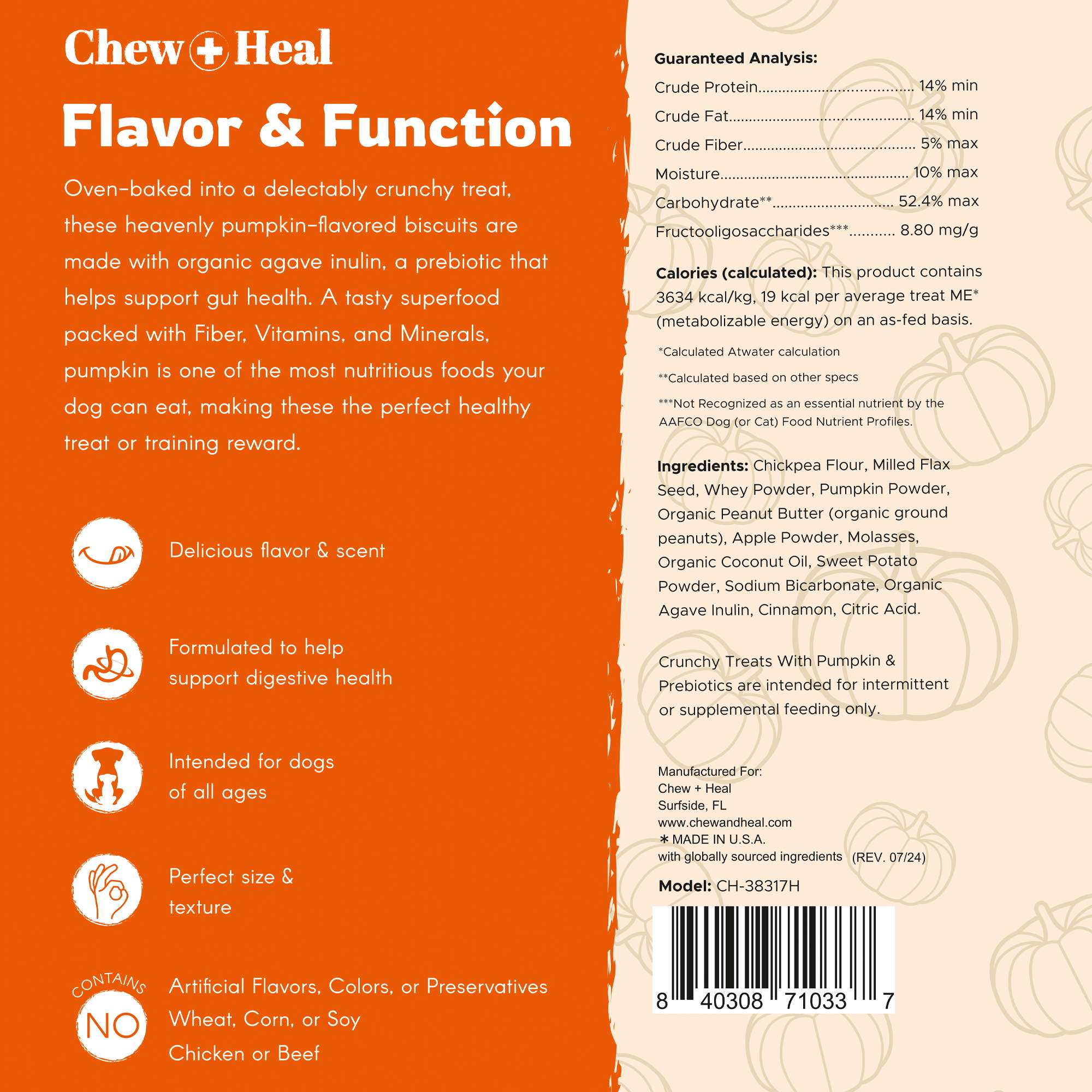 Pumpkin & Prebiotic Fiber Crunchy Biscuit Dog Treats