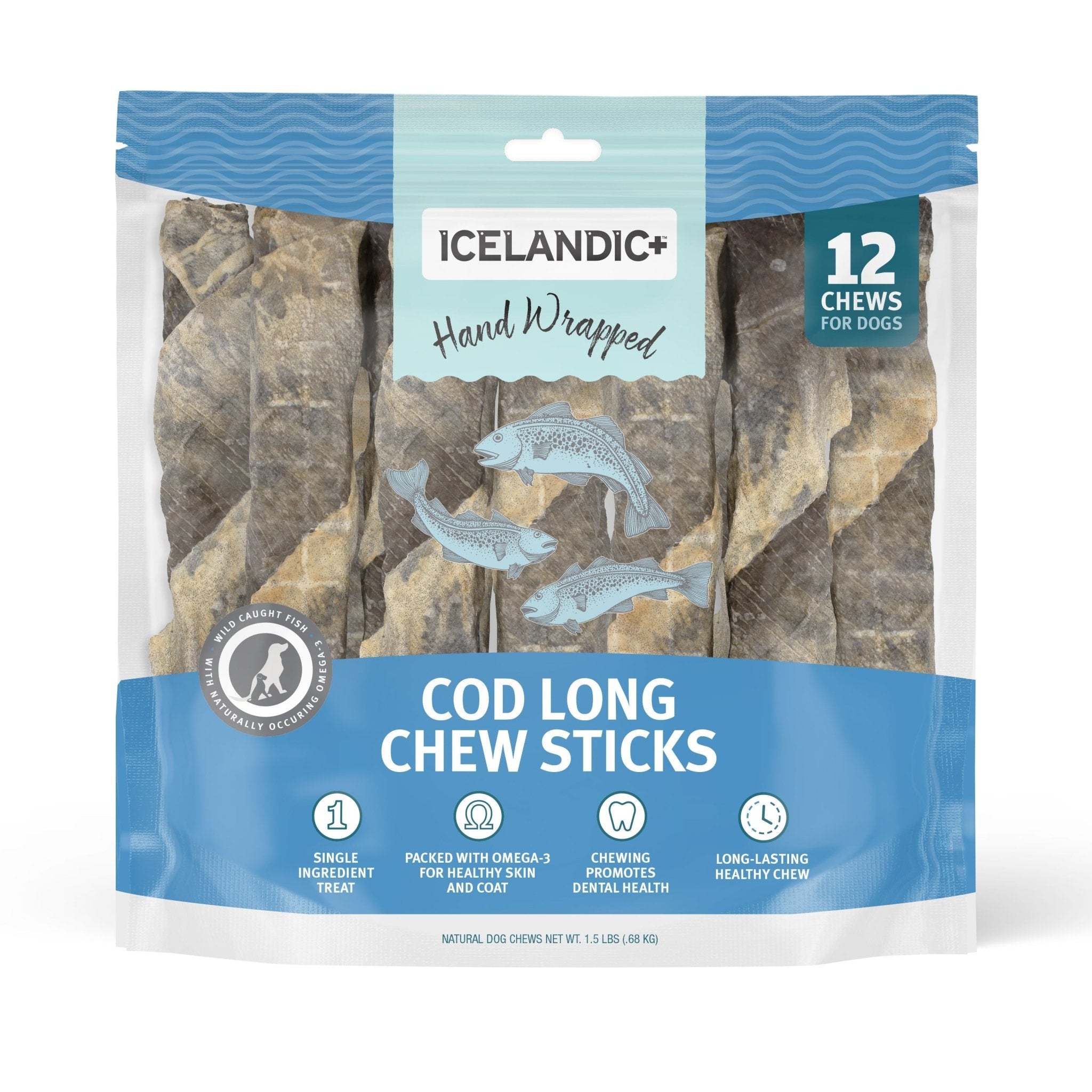 Hand Wrapped Cod Skin Long 10" Chew Sticks for Dogs - Eva Pet - Icelandic+