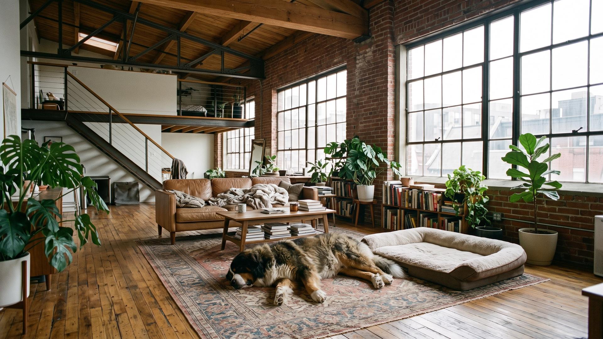 Apartment dog laying next to bed