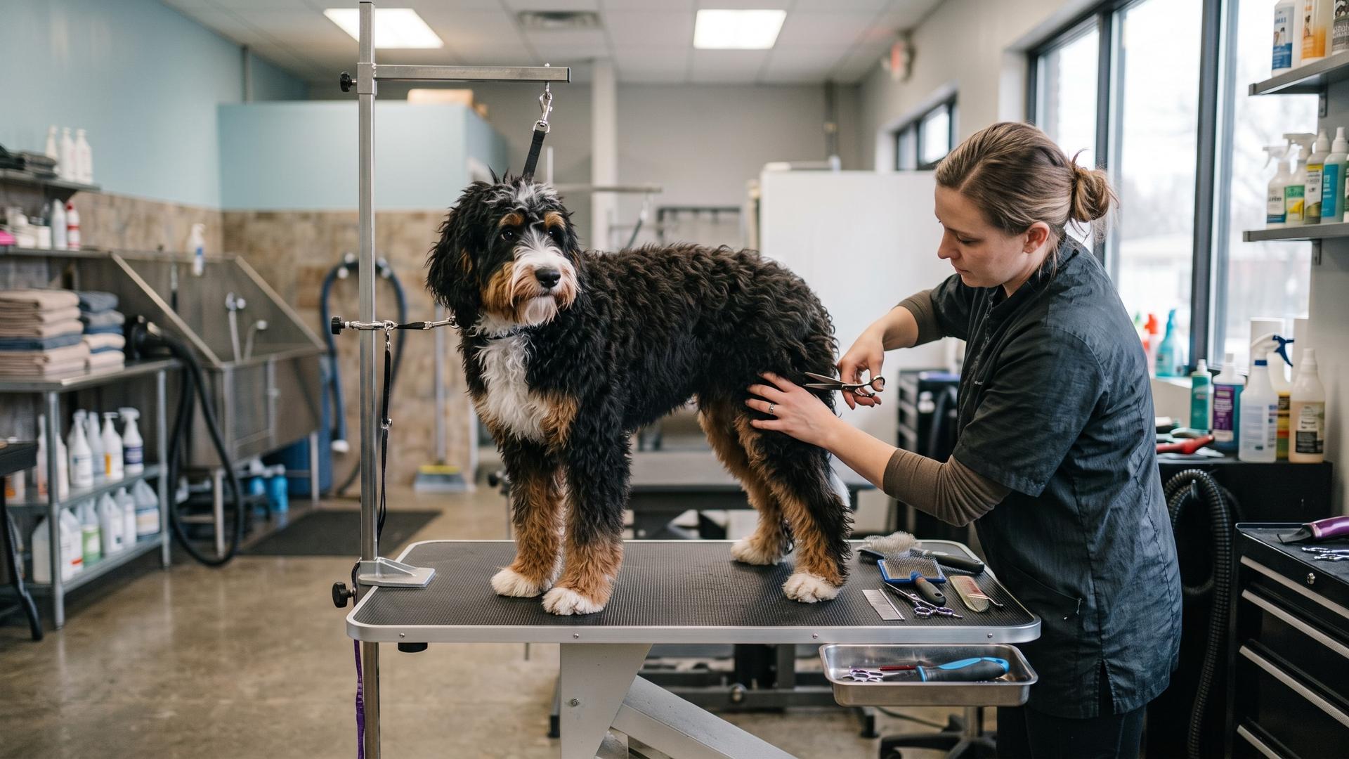 Bernadoodle dog being groomer by stylist