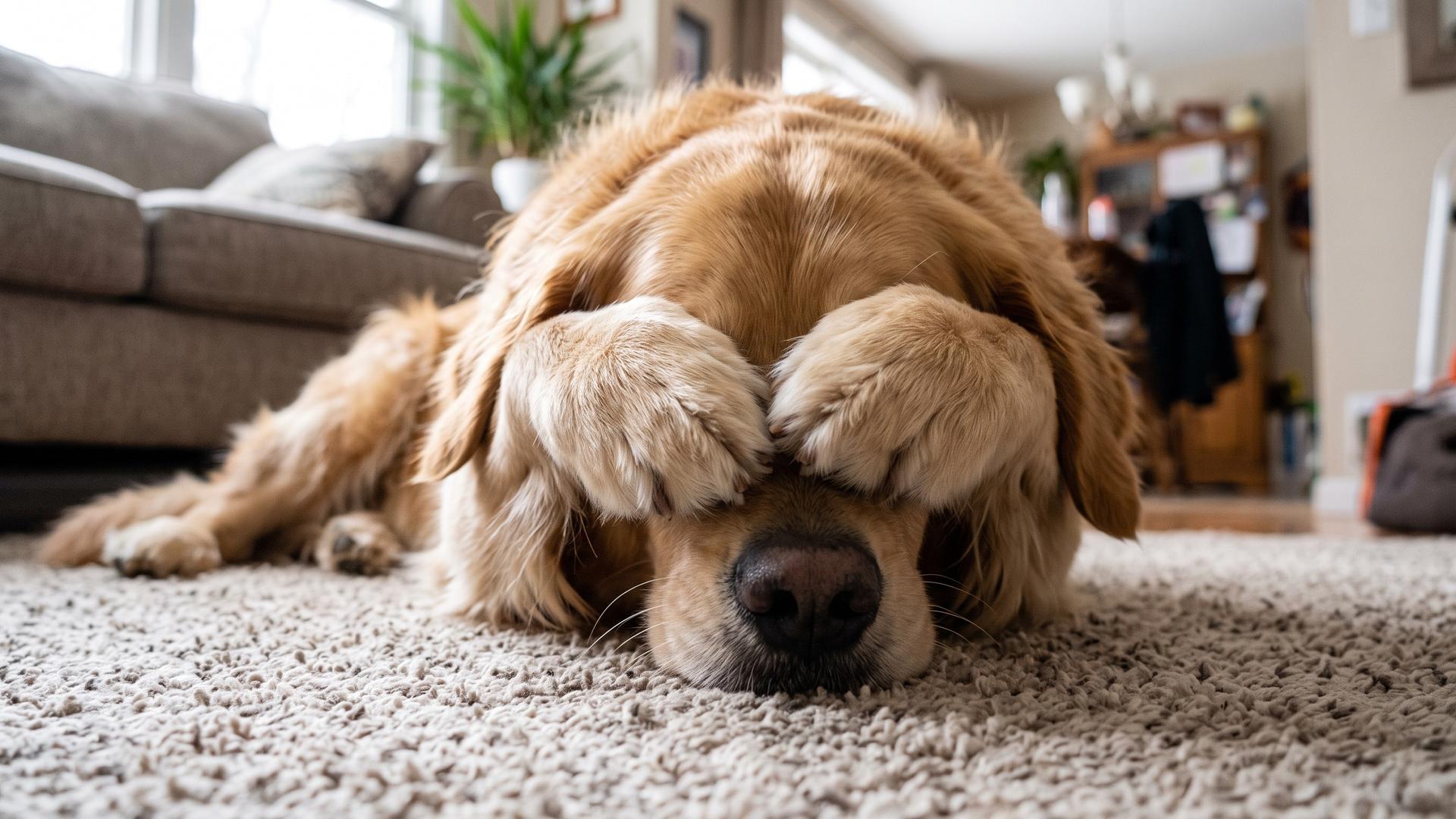 golden Retriever covering his eyes