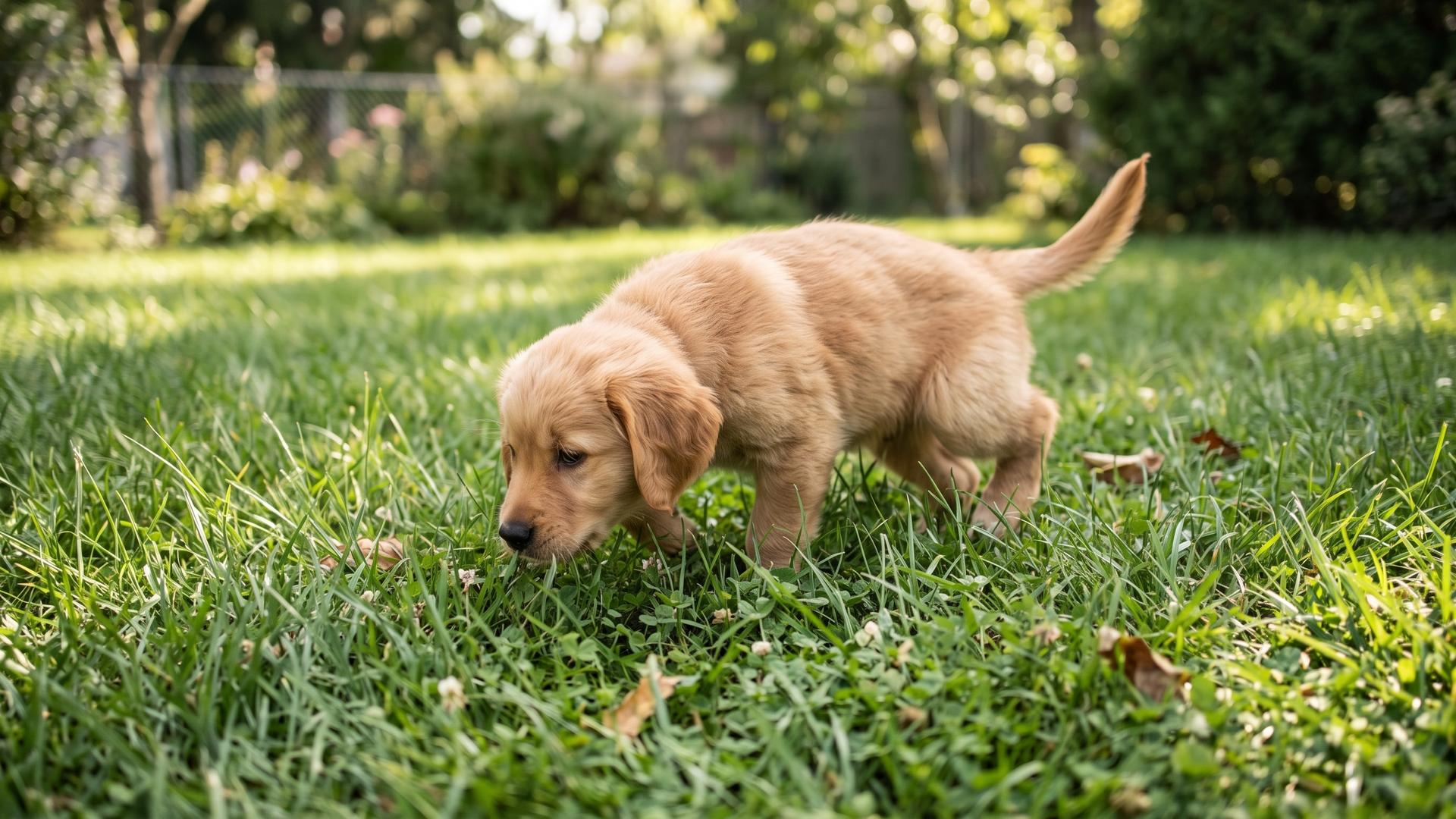 Golden dog puppy looking for a place to pee