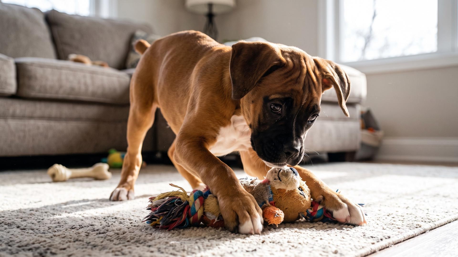 boxer puppy dog playing with toy