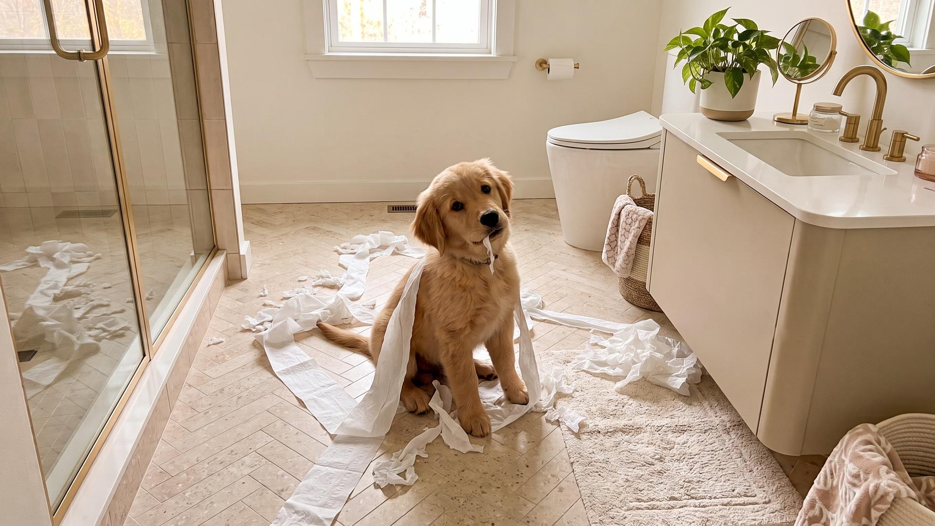 Golden puppy bathroom toilet paper