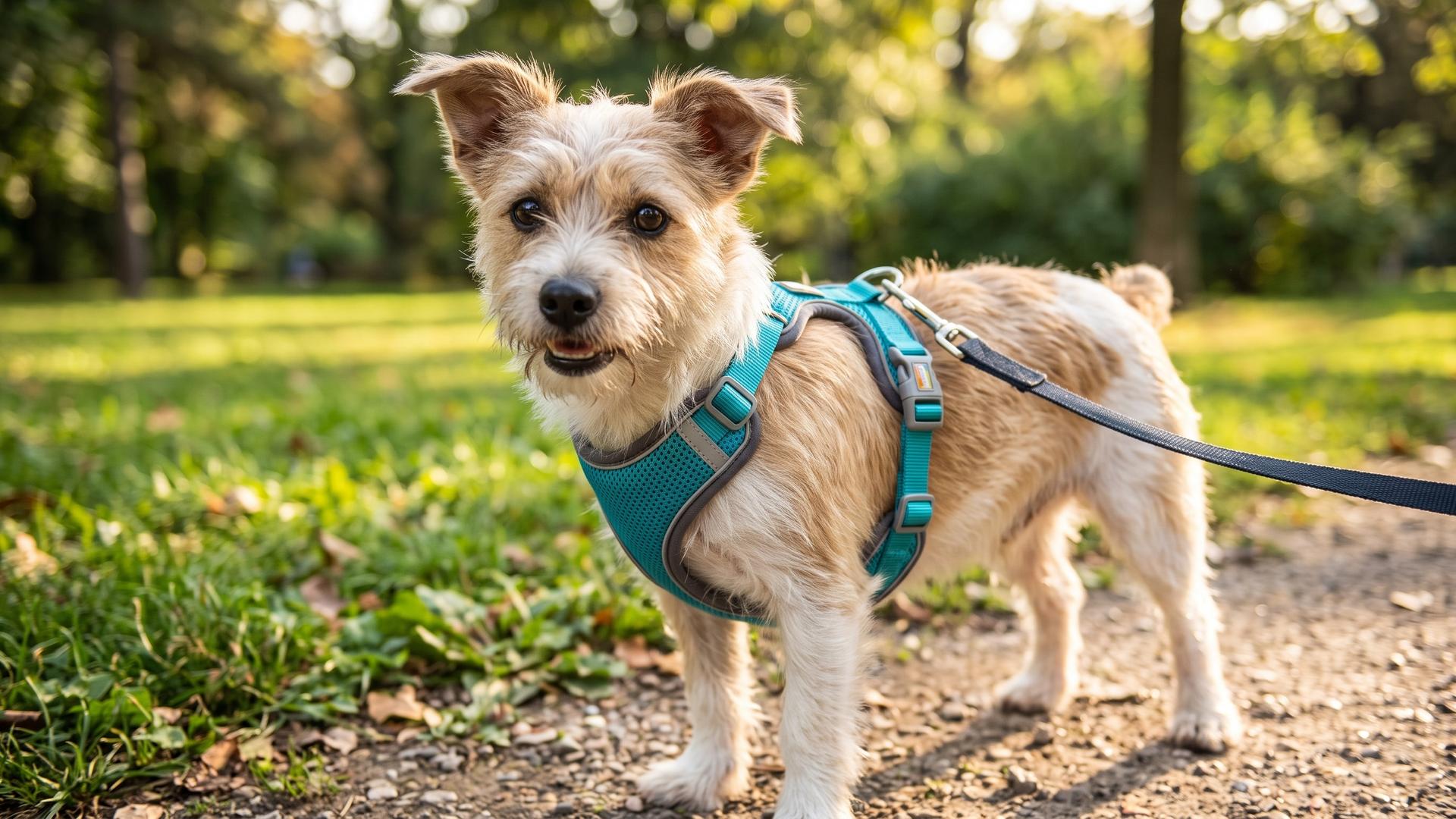 Terrier dog in a harness