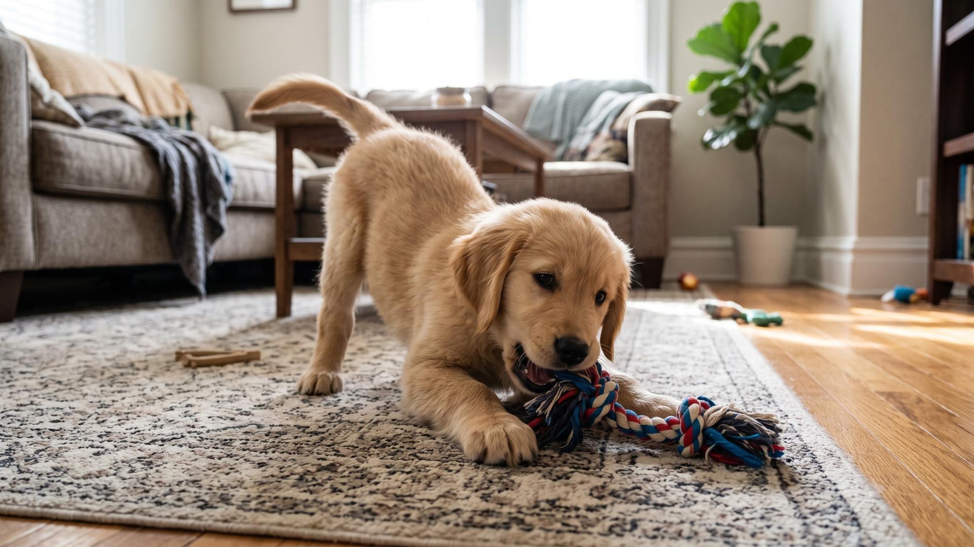 Golden Puppy dog playing with toys
