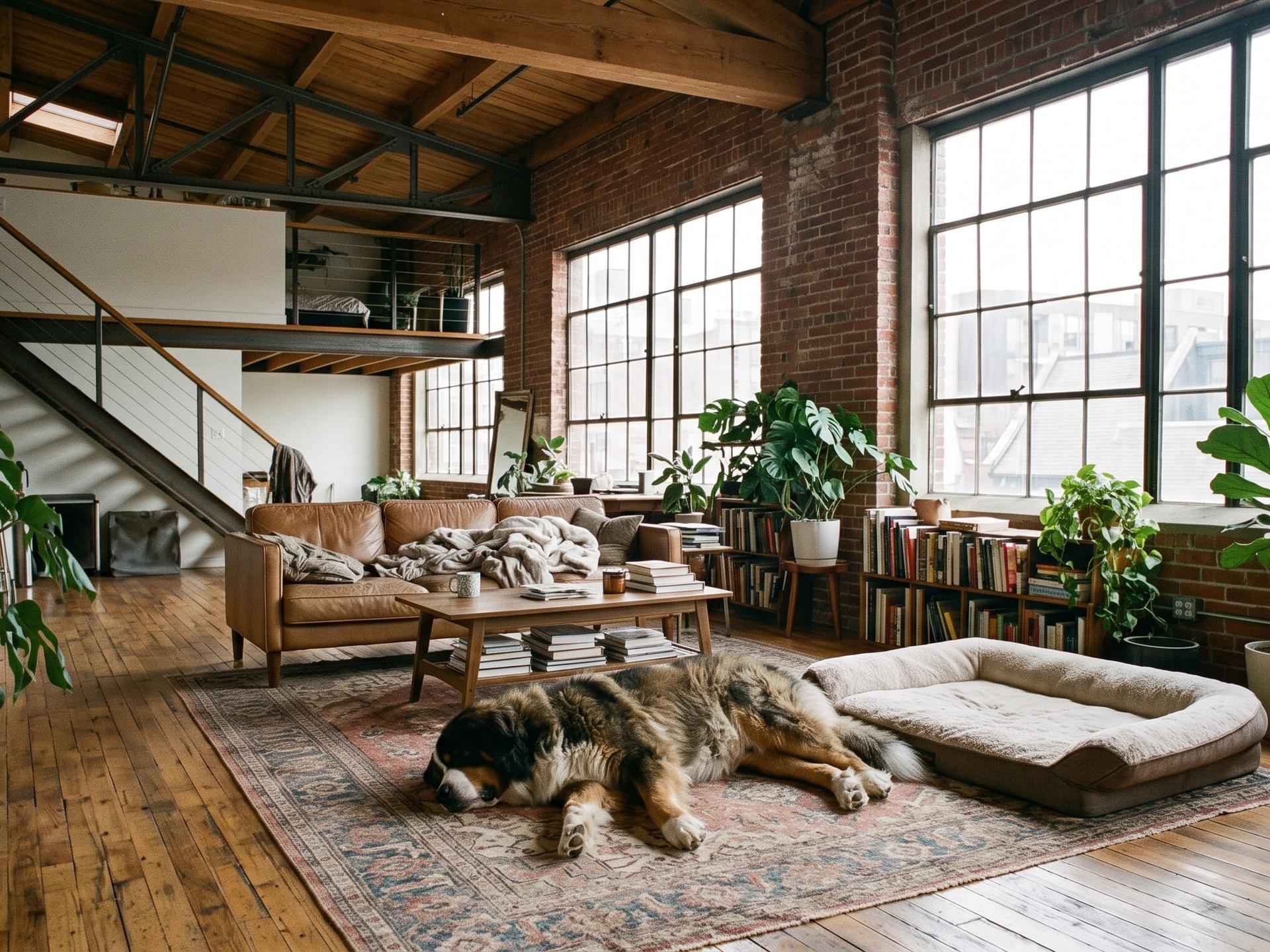 Apartment dog laying next to bed