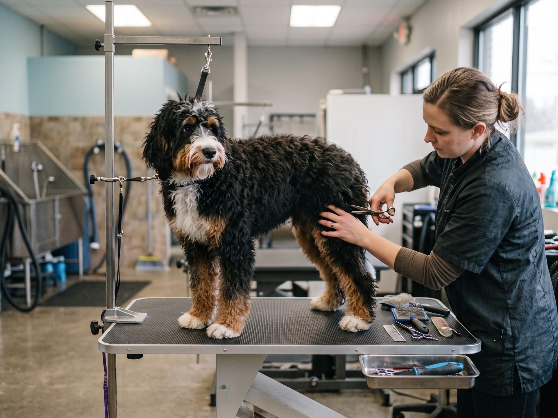 Bernadoodle dog being groomer by stylist