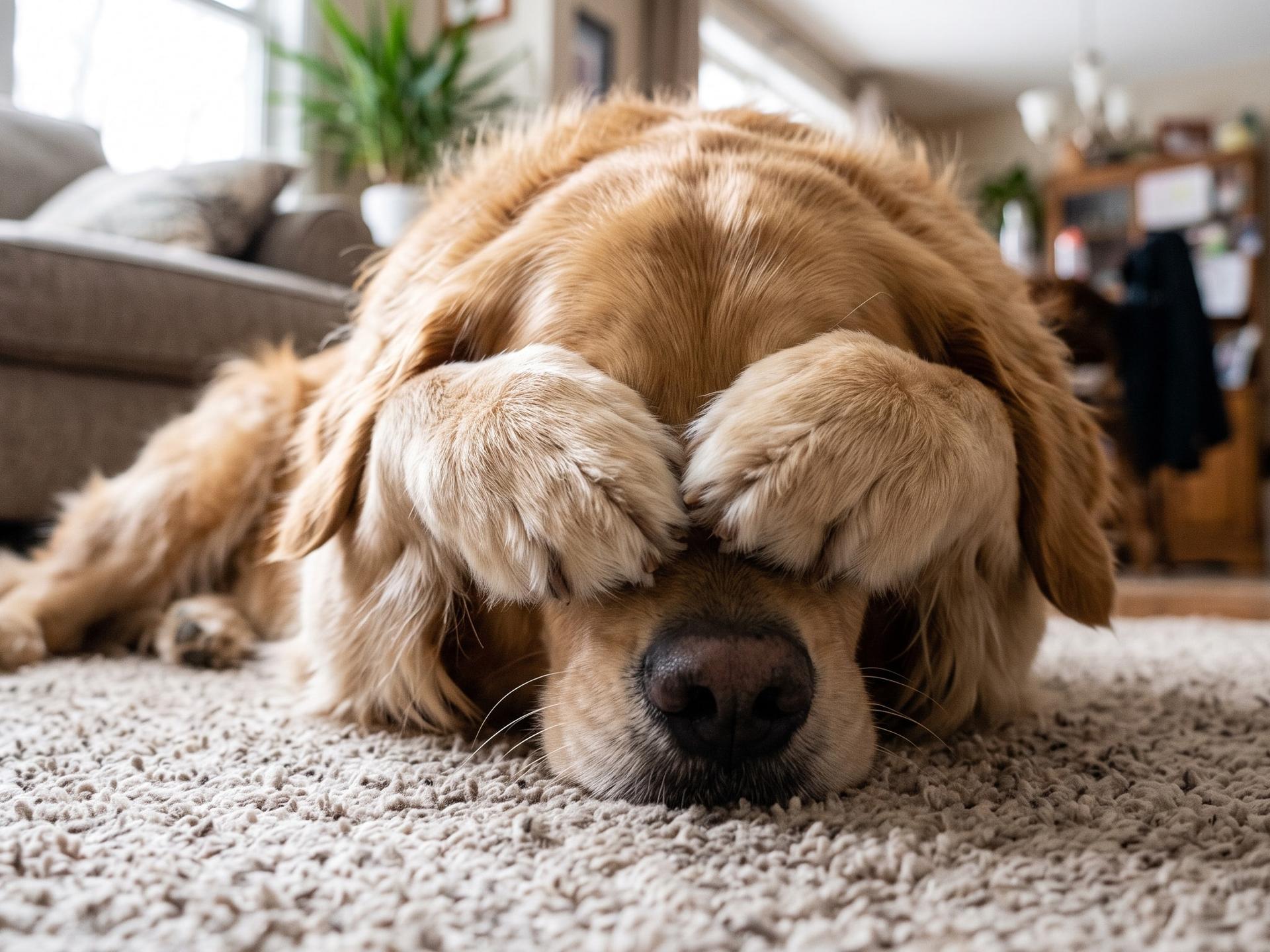 golden Retriever covering his eyes