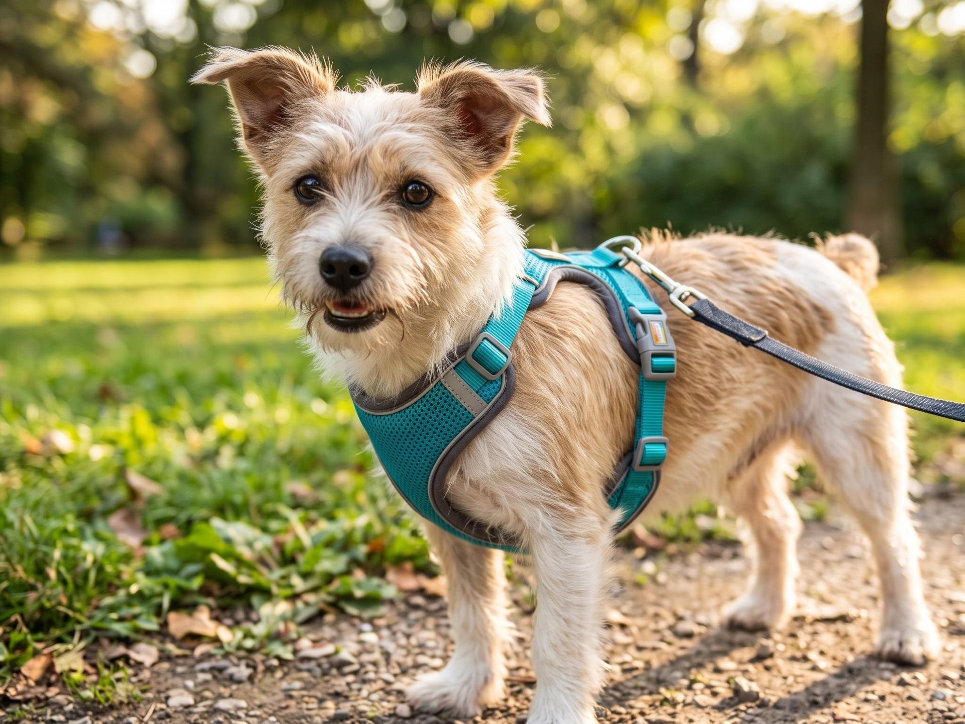 Terrier dog in a harness