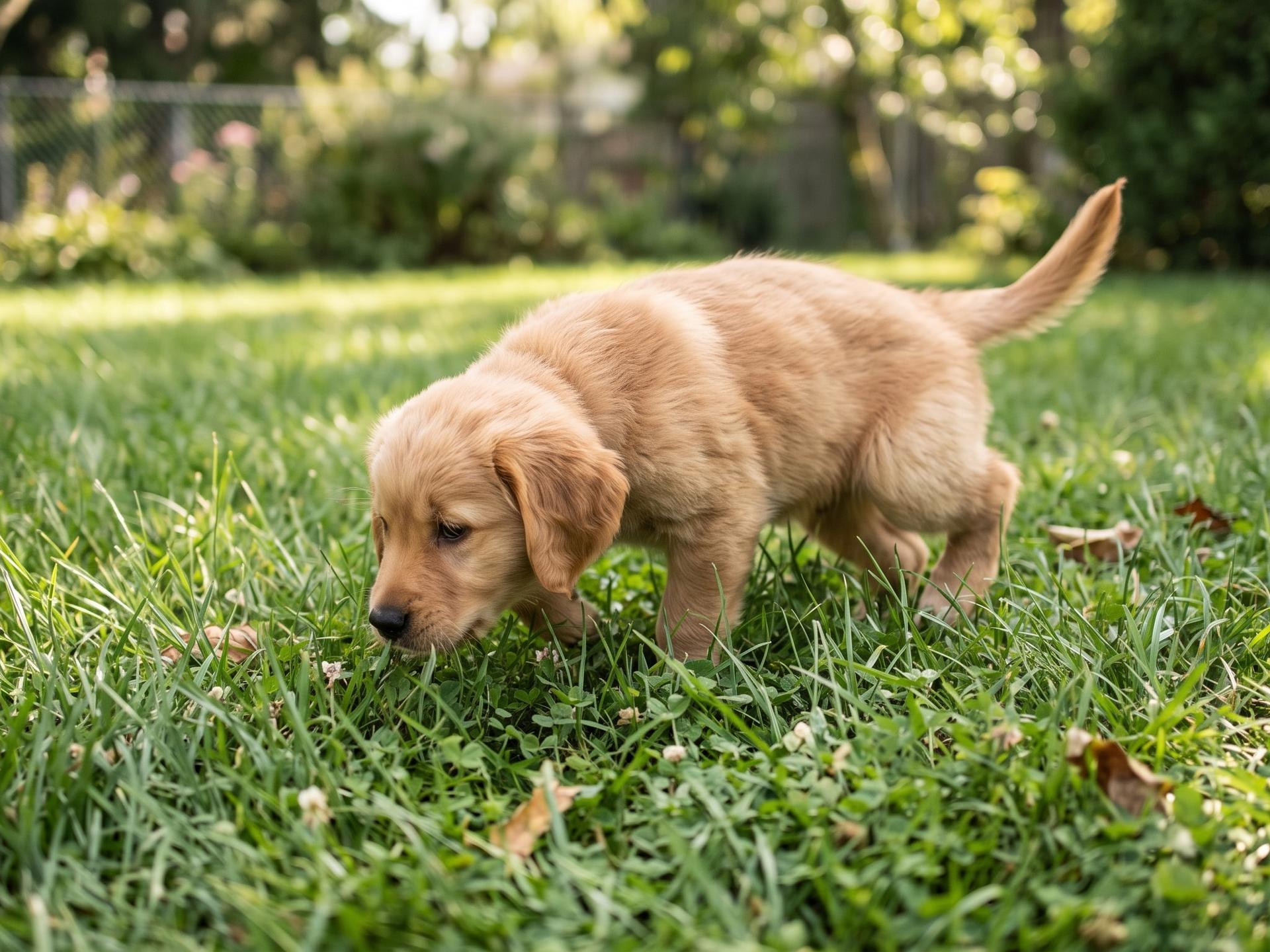 Golden dog puppy looking for a place to pee