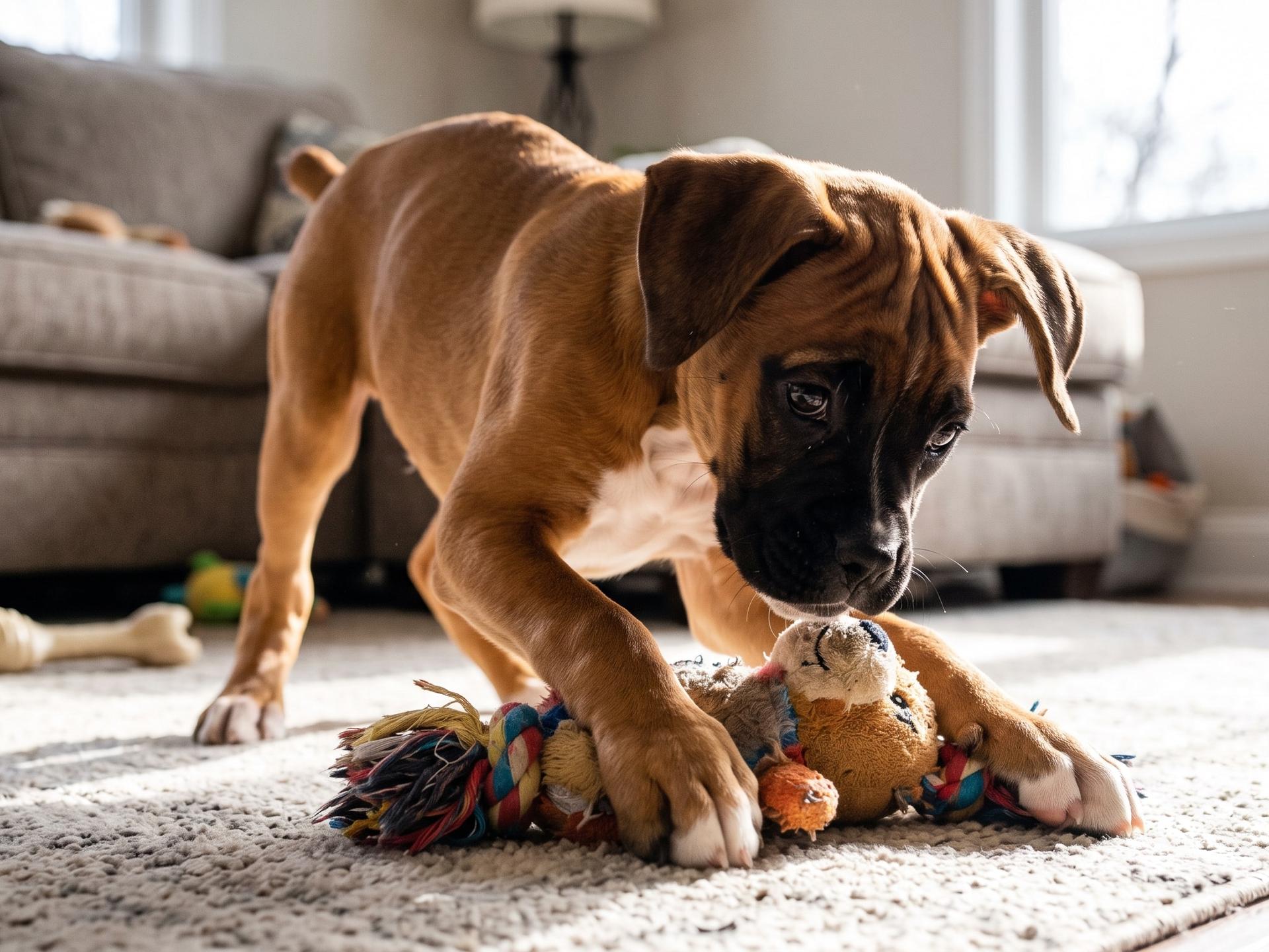 boxer puppy dog playing with toy
