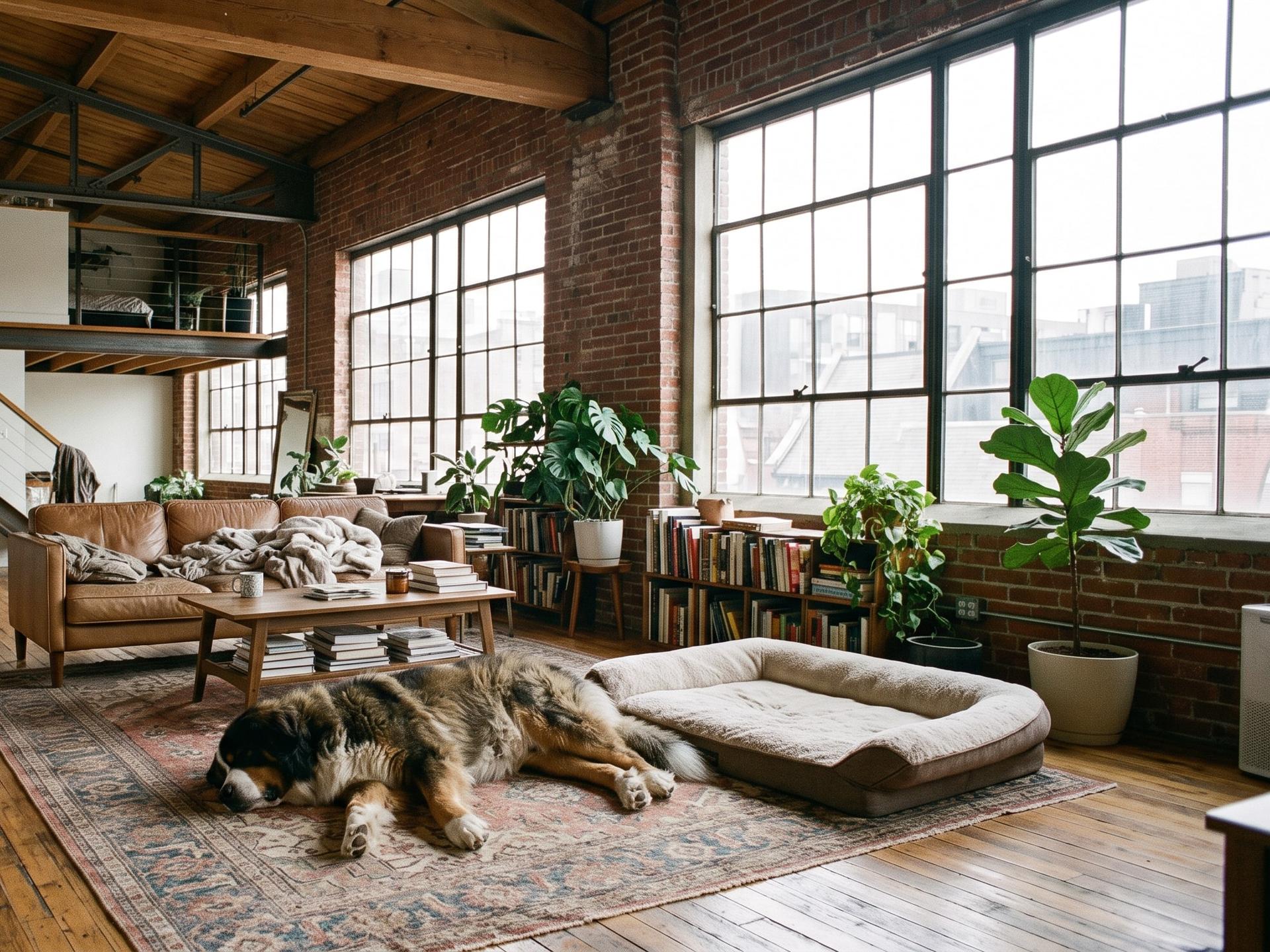 Apartment dog laying next to bed