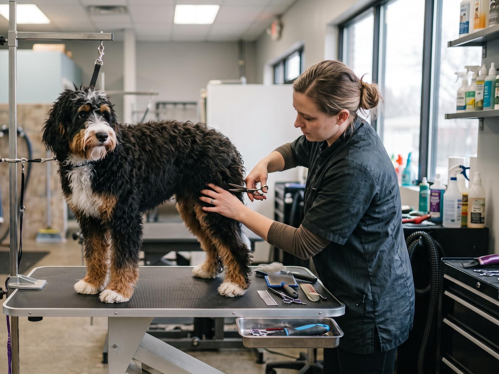 Bernadoodle dog being groomer by stylist