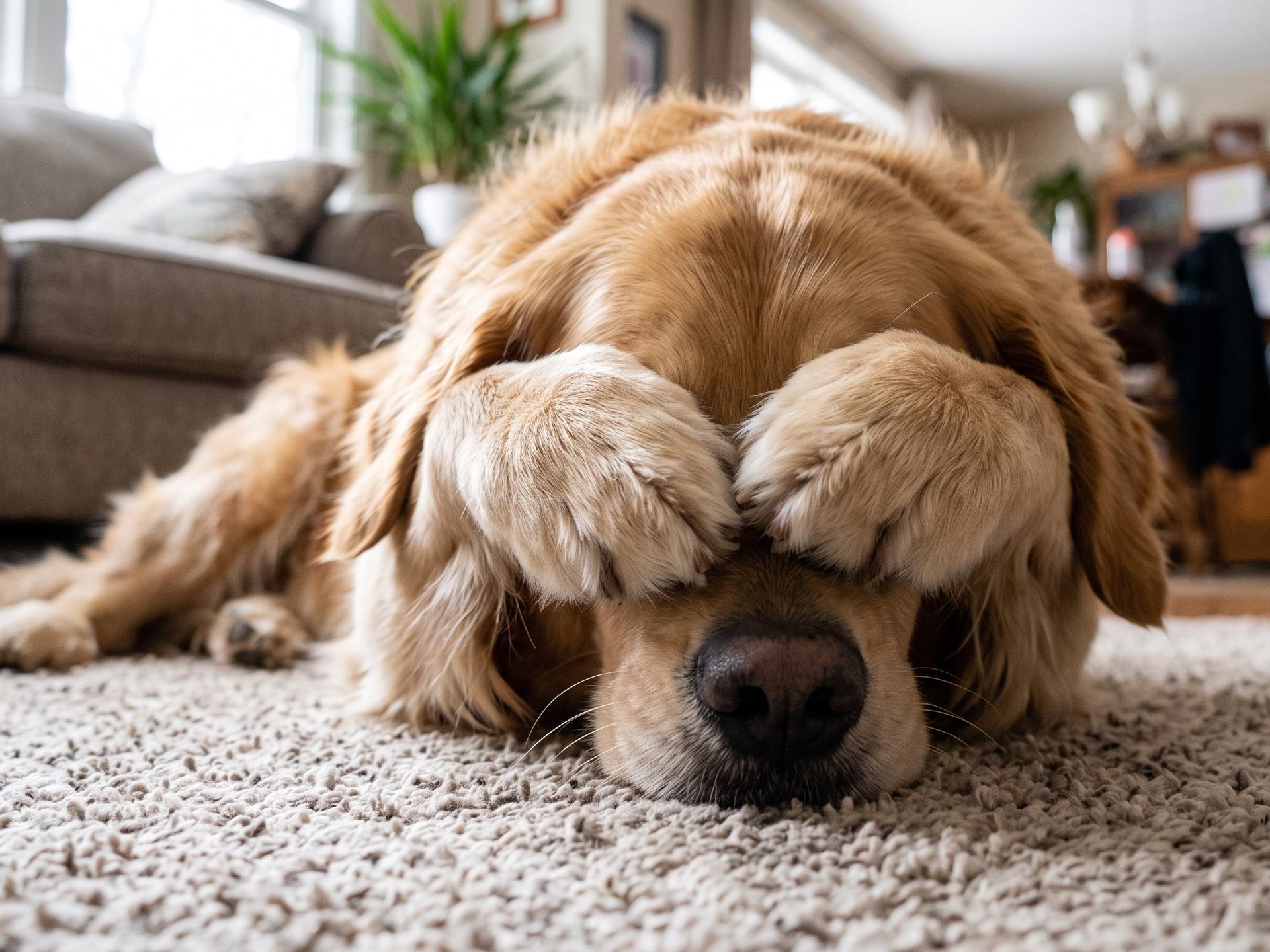 golden Retriever covering his eyes