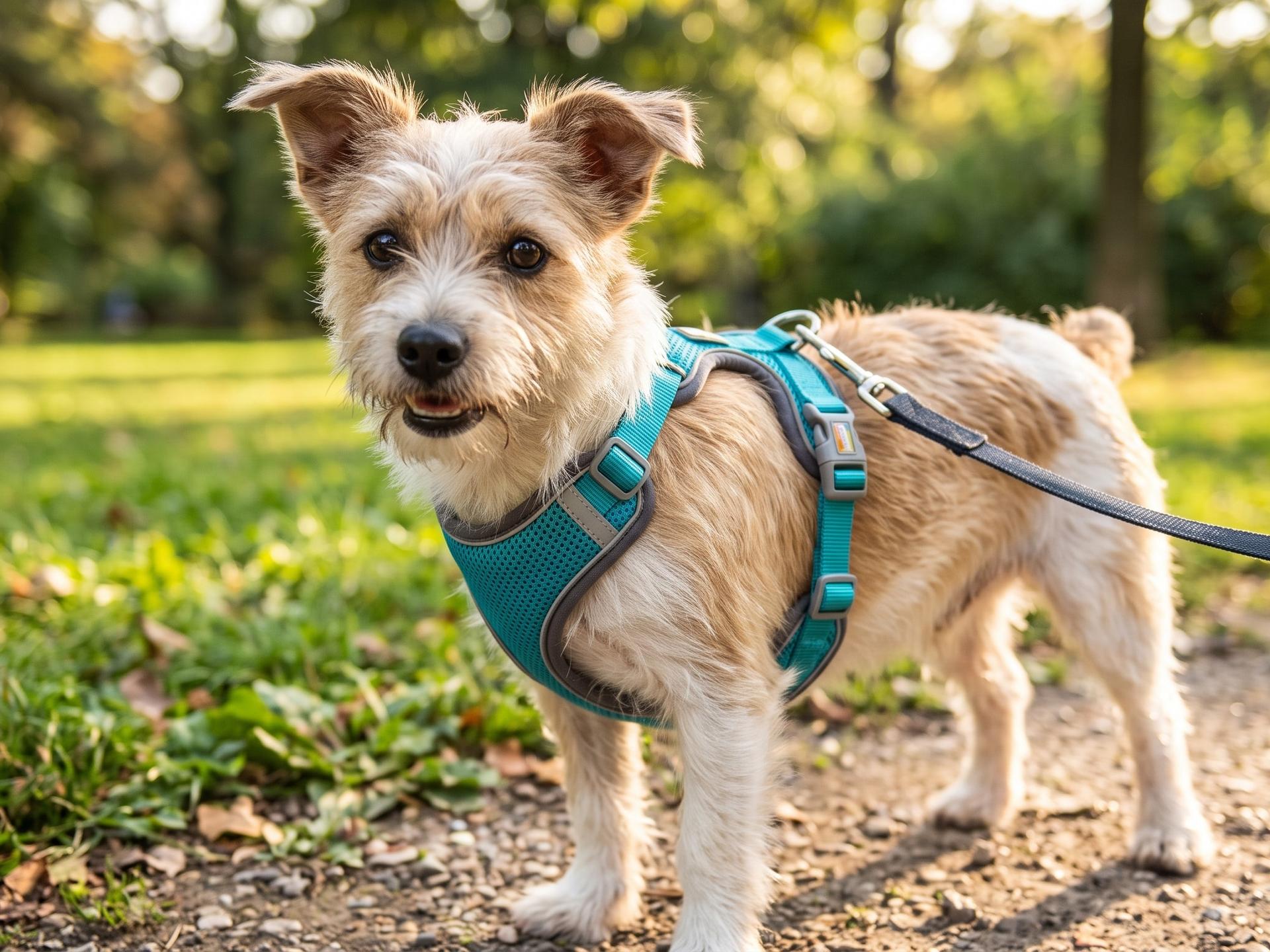 Terrier dog in a harness