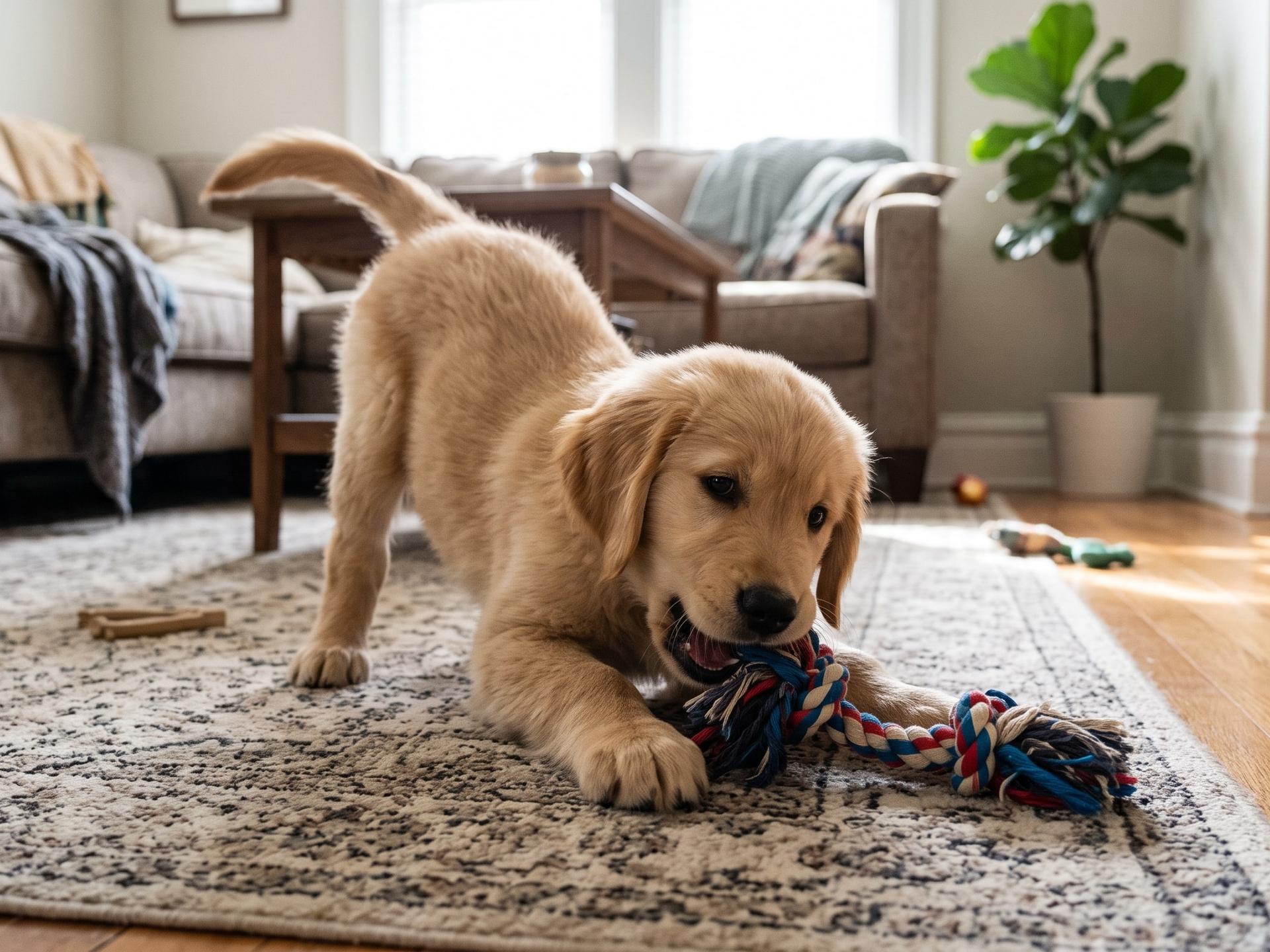 Golden Puppy dog playing with toys