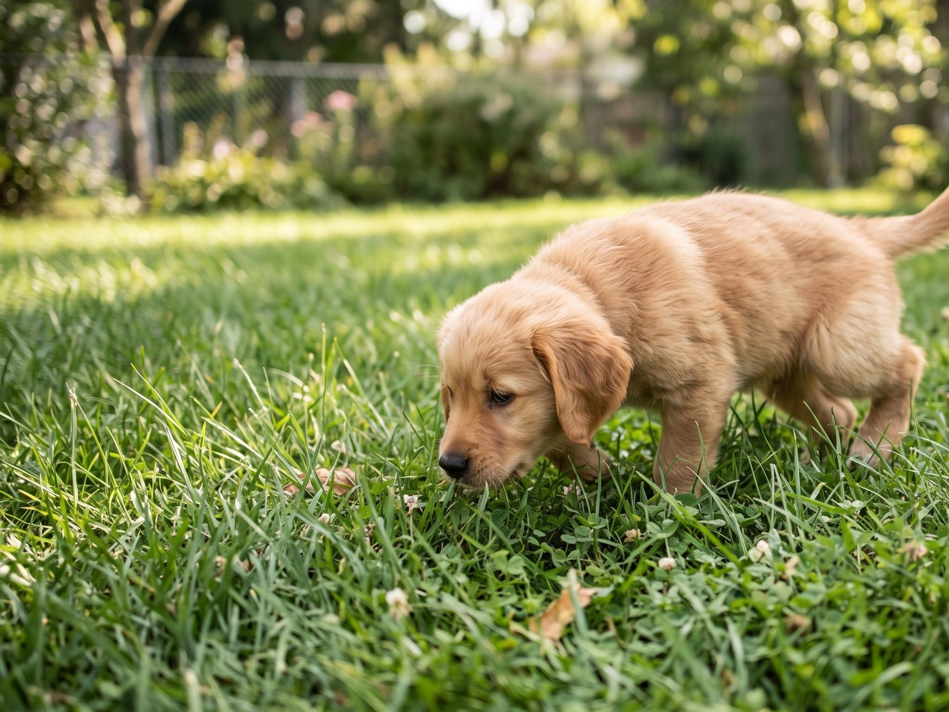 Golden dog puppy looking for a place to pee