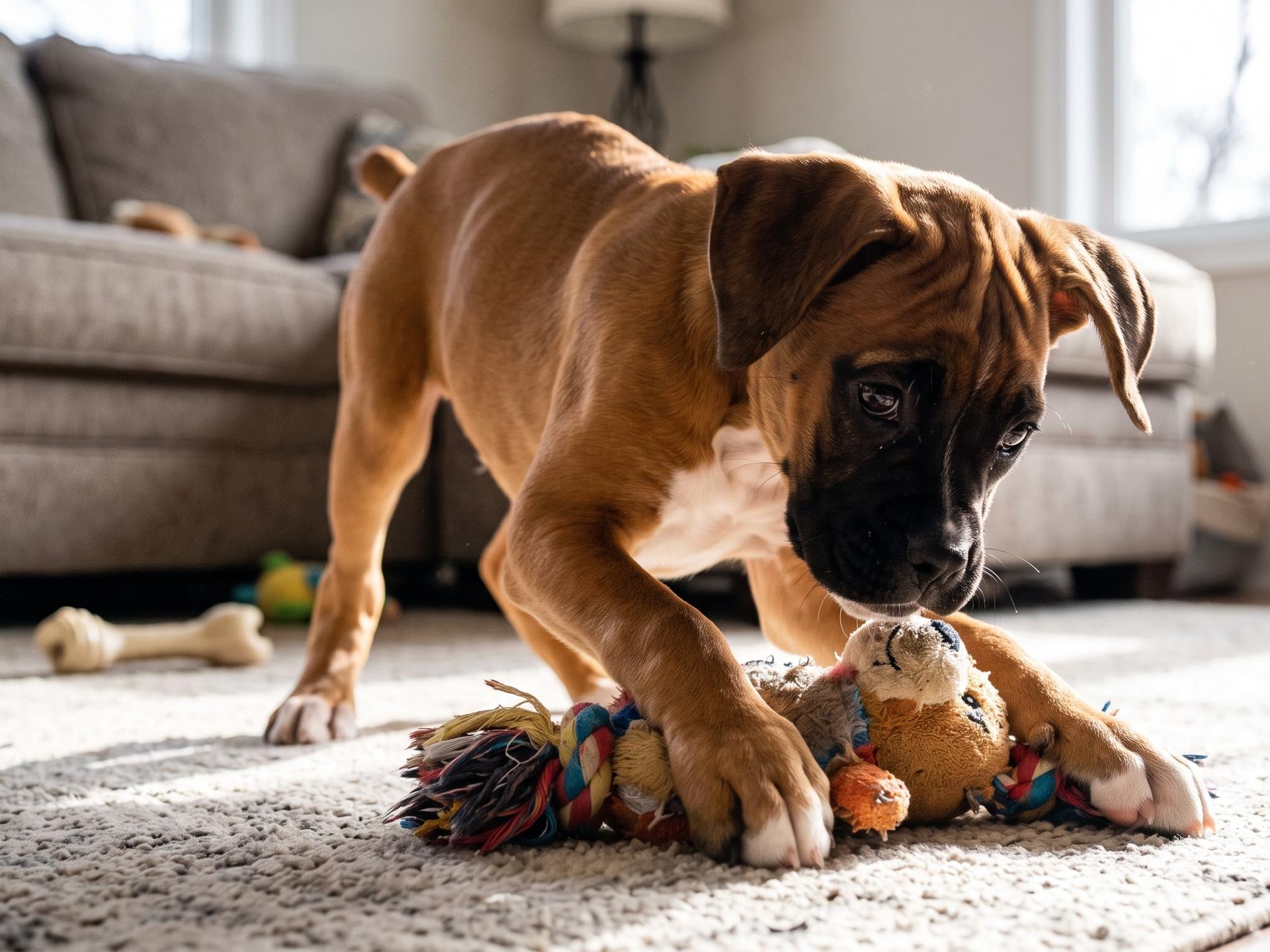 boxer puppy dog playing with toy