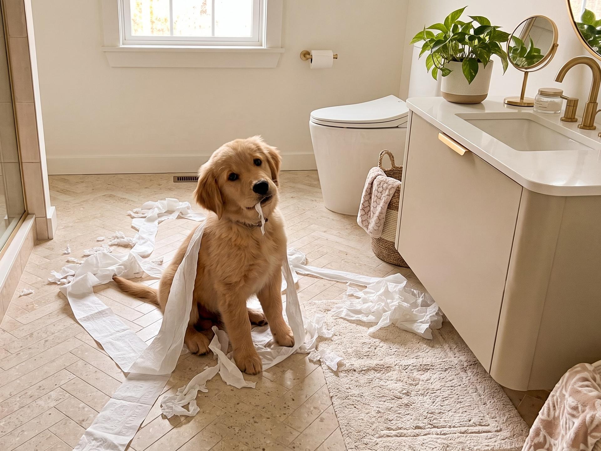 Golden puppy bathroom toilet paper