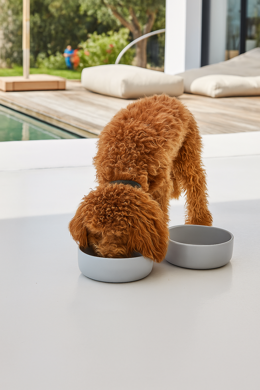 Labradoodle Puppy ating Dog Food from Dog Bowl Dish