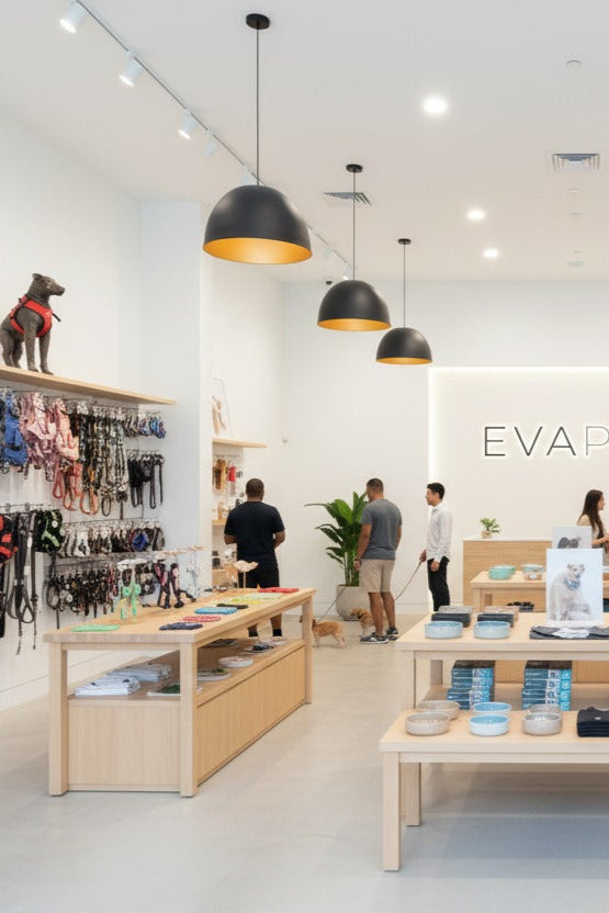 Store interior with 'EVA PET' branding and pet products on display.