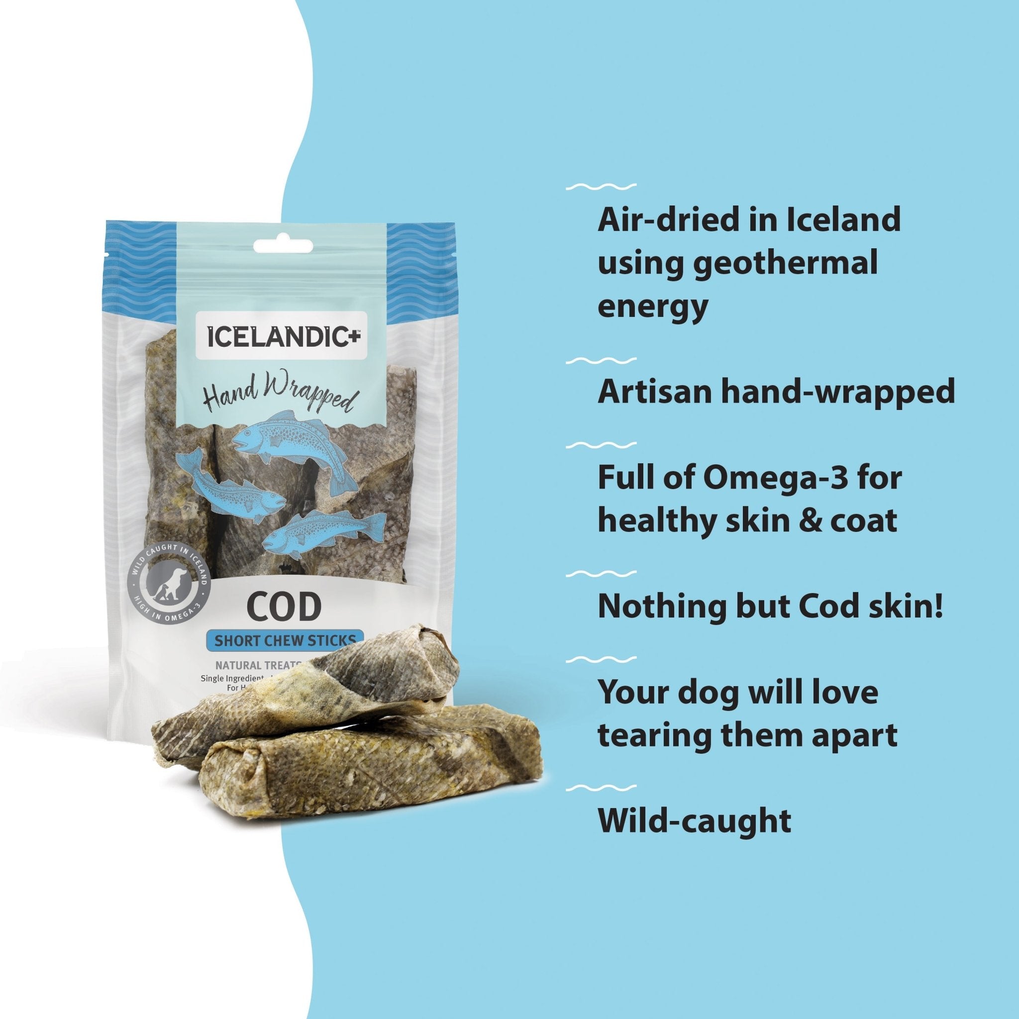 Hand Wrapped Cod Skin Short 5" Chew Sticks for Dogs - Eva Pet - Icelandic+