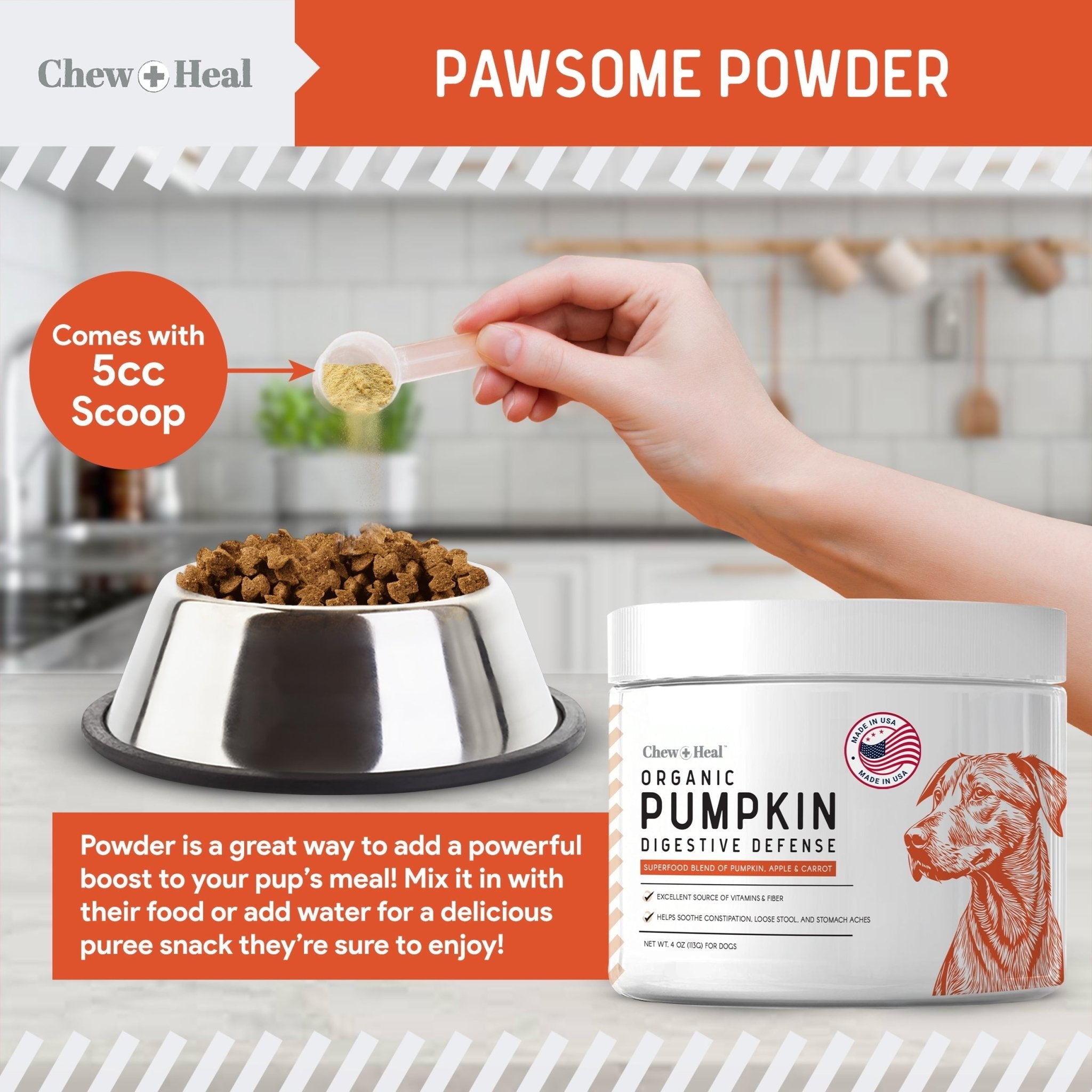 Organic Pumpkin Digestive Defense Superfood Blend Powder Digestive Aid Supplement for Dogs - Eva Pet - Chew + Heal