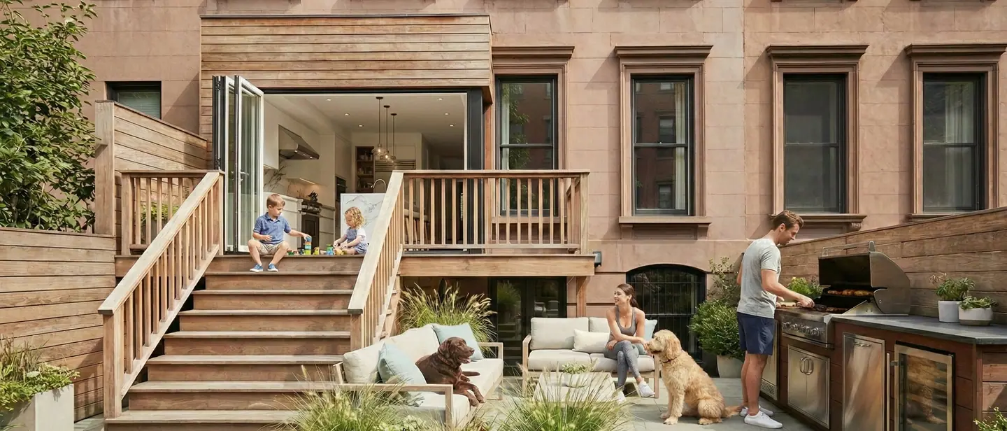 A family on a brownstone stoop with a doodle and a labrador